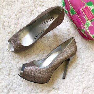 GUESS: MultiColor Metallic Glitter Heels Platform Peep-toe Pumps